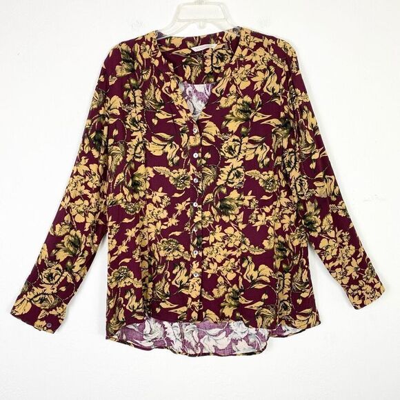 Soft Surroundings Burgundy & Yellow Floral Long Sleeve Button Up Shirt Size L - Picture 1 of 6